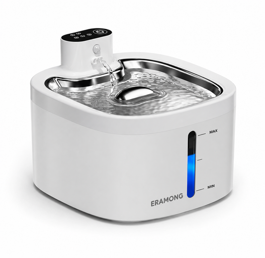 ERAMONG Smart Indoor Wireless Cat and Dog Water Fountain3.5L/118Ozbattery-Powered Fountain with Stainless Steel Tray and Motion Sensorequipped with a 4-Layer Filter Systemdesigned for Cats and Dogs